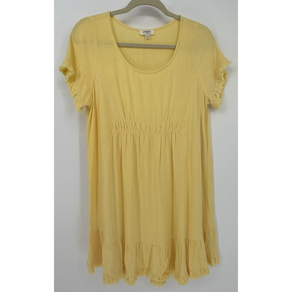 Umgee Yellow Linen/Cotton Ruffle Sleeve Babydoll Tunic Mini Dress Women's S‎